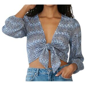 Moon River Sheer Chevron Blouse Sky Blue Tie Front Puff Sleeve L